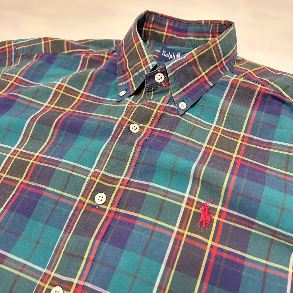 Vtg Polo Ralph Lauren Shirt Mens M Green Red Plaid Button Down Tartan 80s 90s‎